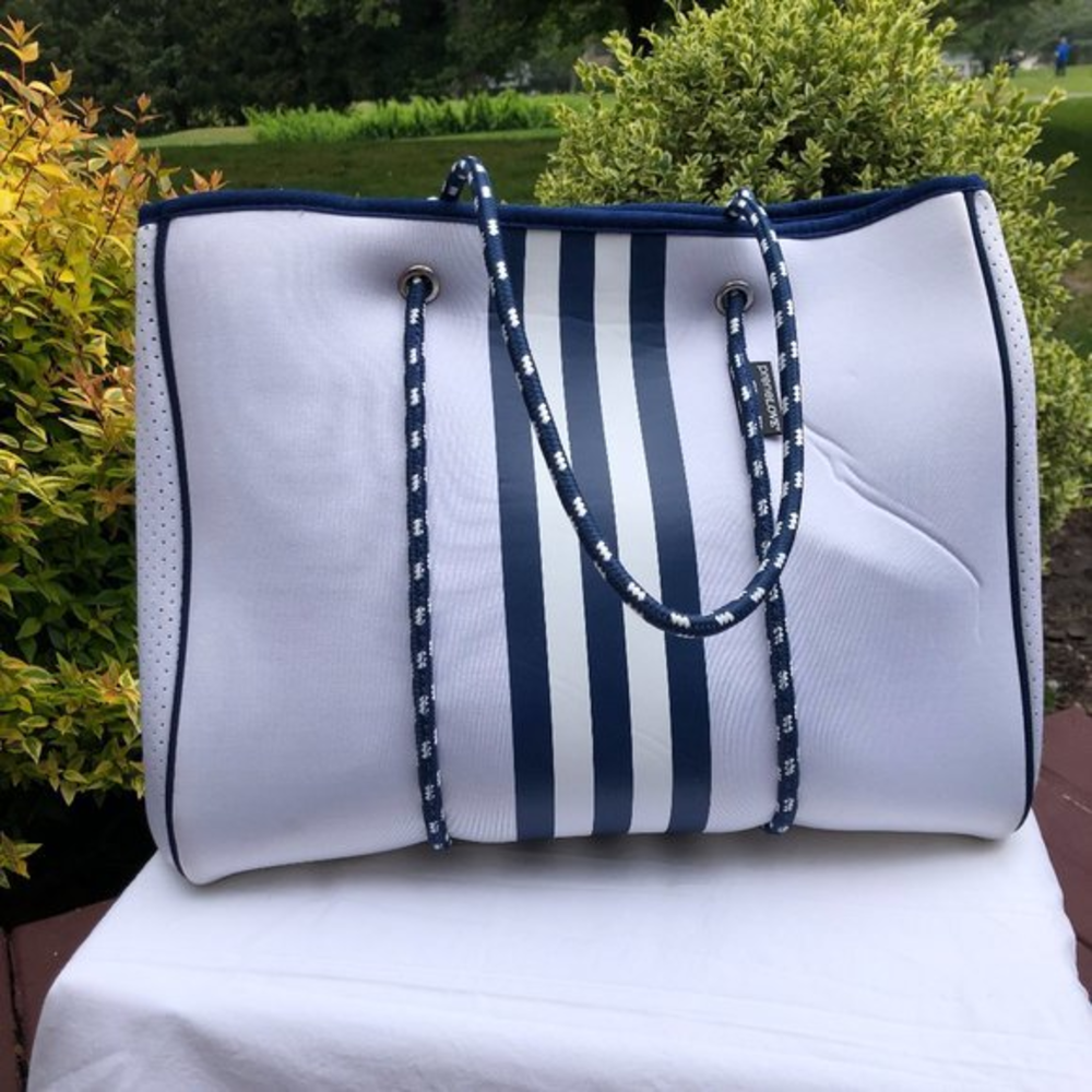 Prenelove Large Tote, White, Navy, Clutch & Tote Bag, Neoprene,‎ Stone & Navy